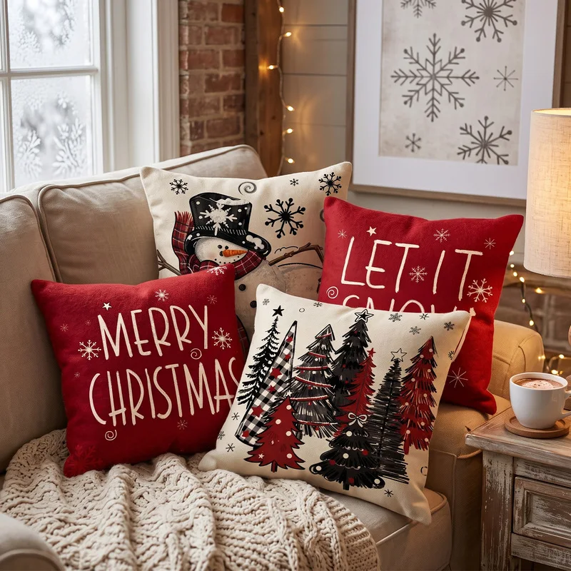 Christmas Decorative Throw Pillow Cover Red Candy Cane Pattern Single-Sided Linen Printed Winter Holiday Gift Home Decor