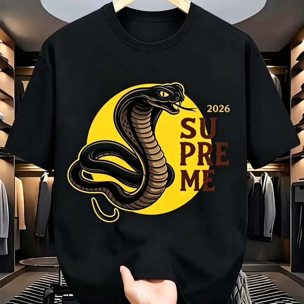 Camiseta de Manga Corta Informal de Algodón Negra para Hombre con Estampado de Sol Supreme Cobra 2026