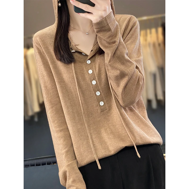 

Hooded Sweater for Women, Simple Knitwear, Thin Knitted Wool, Loose Sweater Bottom, Spring and Autumn Fashion Week, 2024