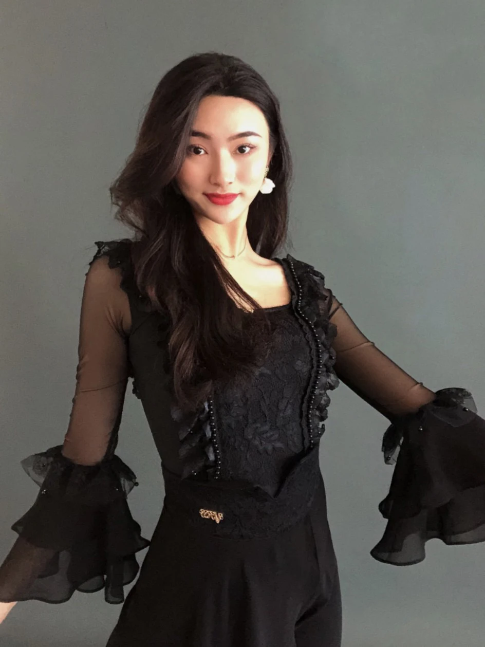 

New Ballroom Dance Tops Women Black Lace Ruffled Mesh Sleeves Tops Waltz Latin Dance Performance Costume Adult Blouse DNV18180