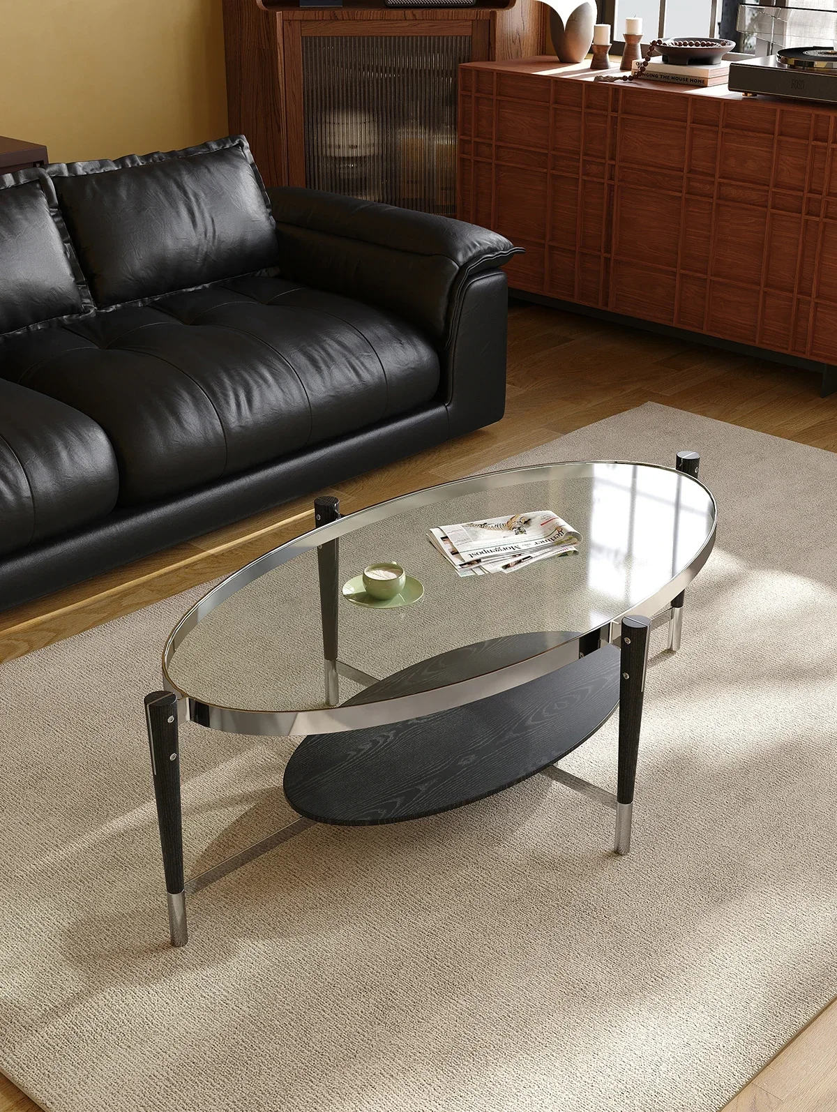A Medieval style office glass coffee table stainless steel living room household light luxury oval small coffee table new