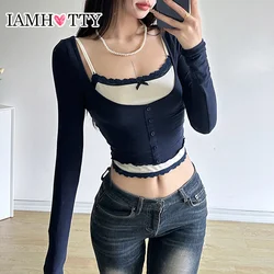 IAMHOTTY Y2K Contrast Color Lace Patchwork Cami and Cardigan Two Piece Set Women Coquette Aesthetic Slim-fit T-shirts Suits Cute