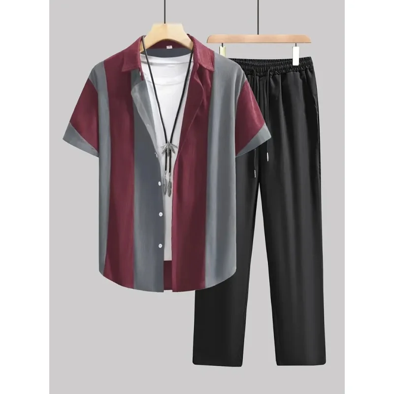 

Men's casual short sleeved button up shirt two-piece set-Two tone 3D printing-beach casual wear Large size two-piece set