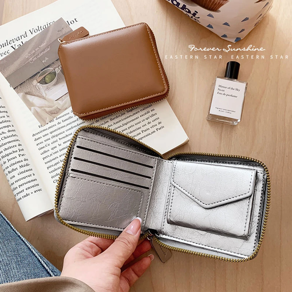 Compact Trifold Wallet PU Leather Zipper Coin Organizer Multi-Slot Card Case Elegant Mini Clutch Portable Purse for Women Girls