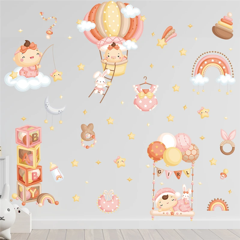 

Cartoon Baby Star Moon Rainbow Balloon Wall Stickers For Home Decoration Diy Pattern Mural Art Kids Bedroom Decals Pvc Posters