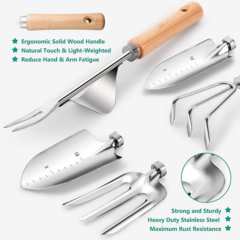 9pcs Stainless Steel Garden Tool Set with Wooden Handles