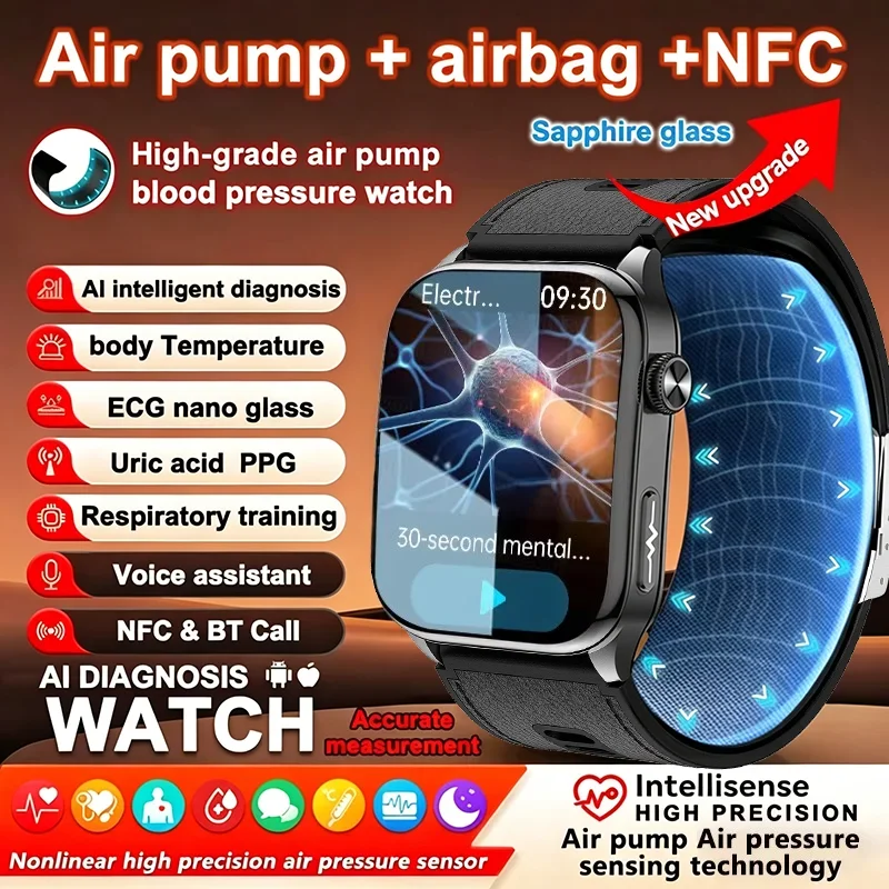 ECG Smart Watches Men Air Pump Blood Pressure Accurate Measure Micro Physical Examination Sport Fitness Airbag Smartwatch AMOLED