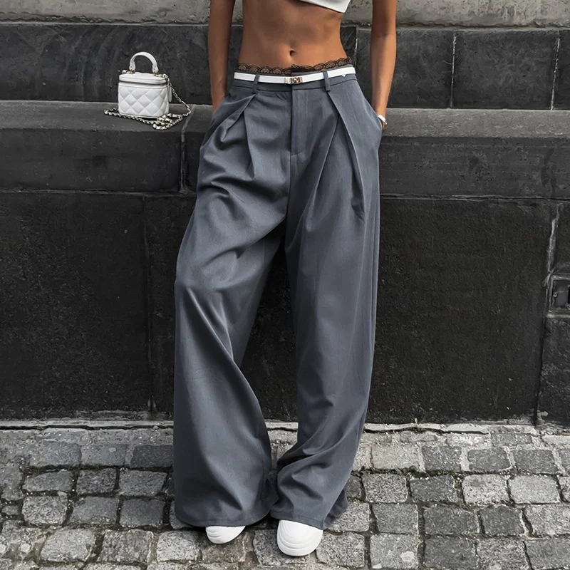 

Elegant Commuting Style Loose Low Waisted Casual Pants Straight Leg Long Trousers for Young Women Spring Season Fashion