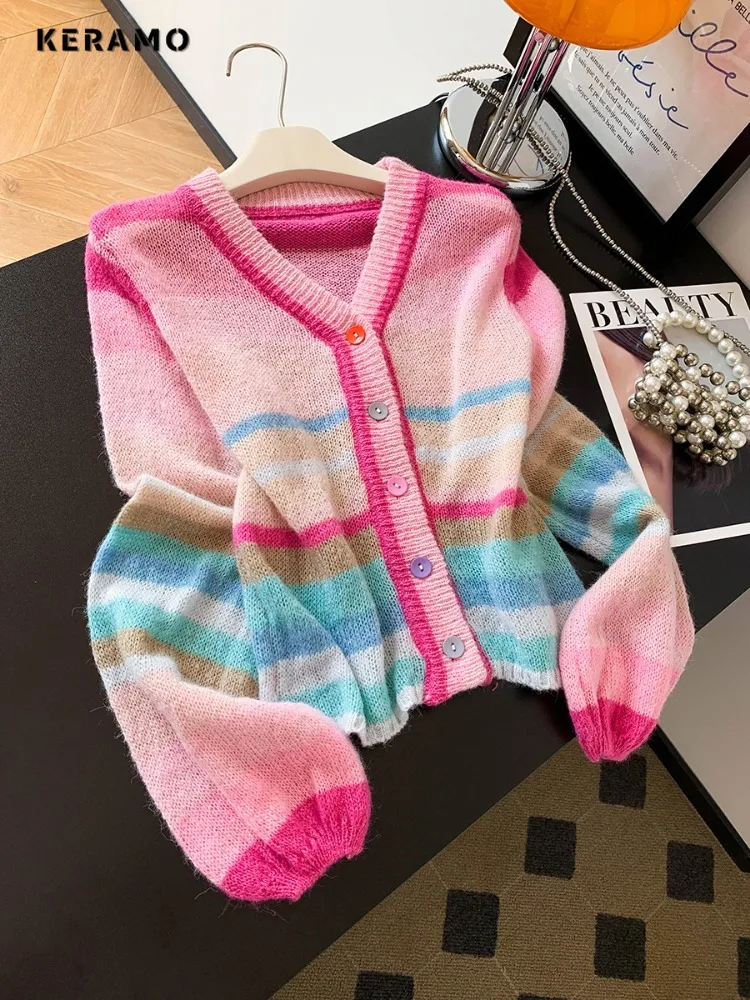 

Women Sweet Knitting Long Sleeve V-Neck Cardigans 2025 Winter Fashion Chic Casual Single Breasted Patchwork Knitted Sweater