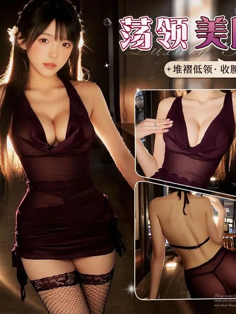 ชุดเดรสลูกไม้สีพื้นซีทรูลายตาข่ายเซ็กซี่แบบใหม่สำหรับผู้หญิง เปิดหลัง สายเดี่ยว คอวีลึก แขนกุด ทรงเข้ารูป สะโพกผูกโบว์ รุ่น Pure Desire TV5W