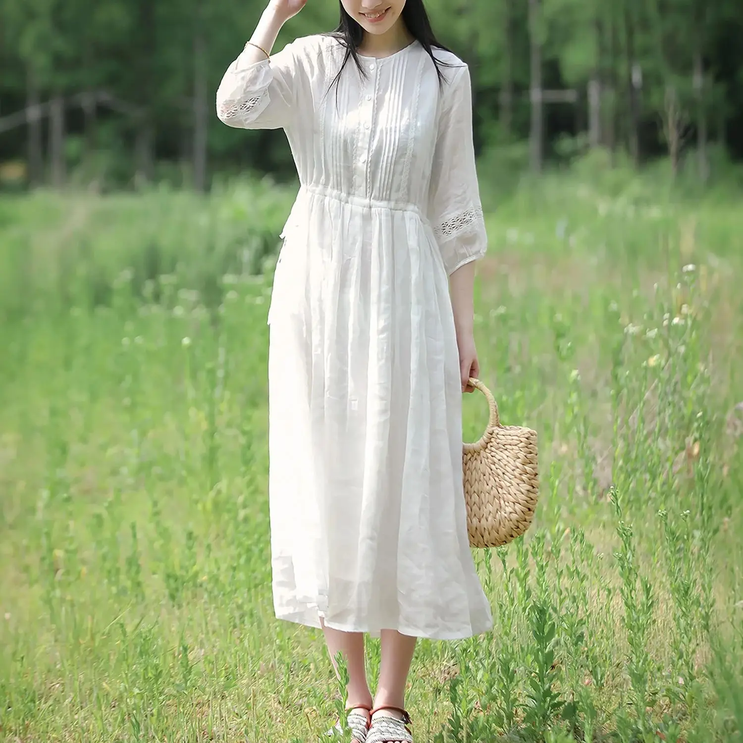 LZJN Vestido de verão ramie de duas camadas com renda bordada e cordão emagrecedor, estilo literário e doce, vestido longo branco