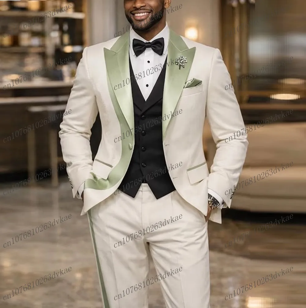 

White Black Mint Green Men Suit Wedding Party Formal Groom Groomsman Prom Business Male Tuxedos 3 Piece Set Jacket Vest Pants
