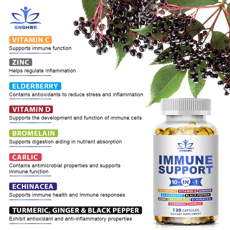 120 Organic Immune Supplements Containing Elderberry, Vitamin C And Zinc 50mg, Vitamin D,Curcumin And Ginger, Echinacea