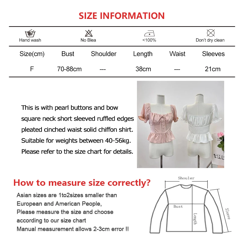 Women Sweet Bow Square Neck Short Sleeve Shirt With Pearl Button Ruffle Edge All-match Pleated Cinched Waist Solid Chiffon Shirt