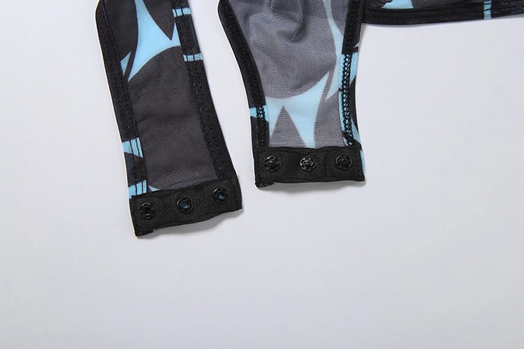 Nibber Midnight Sexy durchsichtiges 2-teiliges Set für Damen, Patchwork-Druck, O-Ausschnitt, volle Ärmel, Body + schmale, hüftumwickelte, lange Hosen-Outfits – Detail 9
