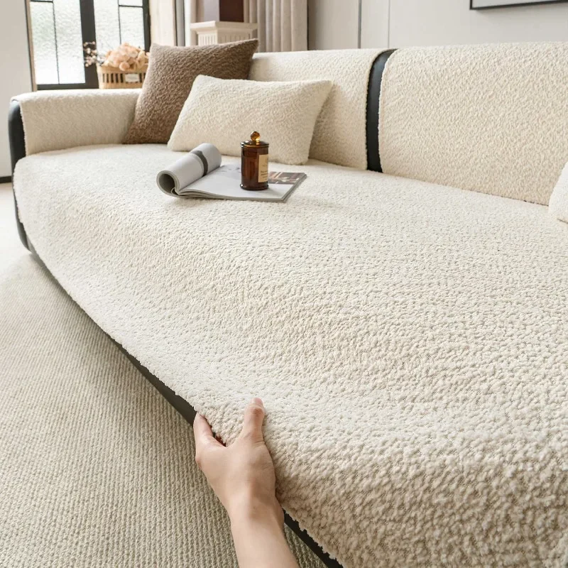 Solid Color Lamb Fleece Sofa Cushion Winter Thicken Warm Straight Row Anti Slip Couch Cover Premium Living Room Decor Sofa Pad