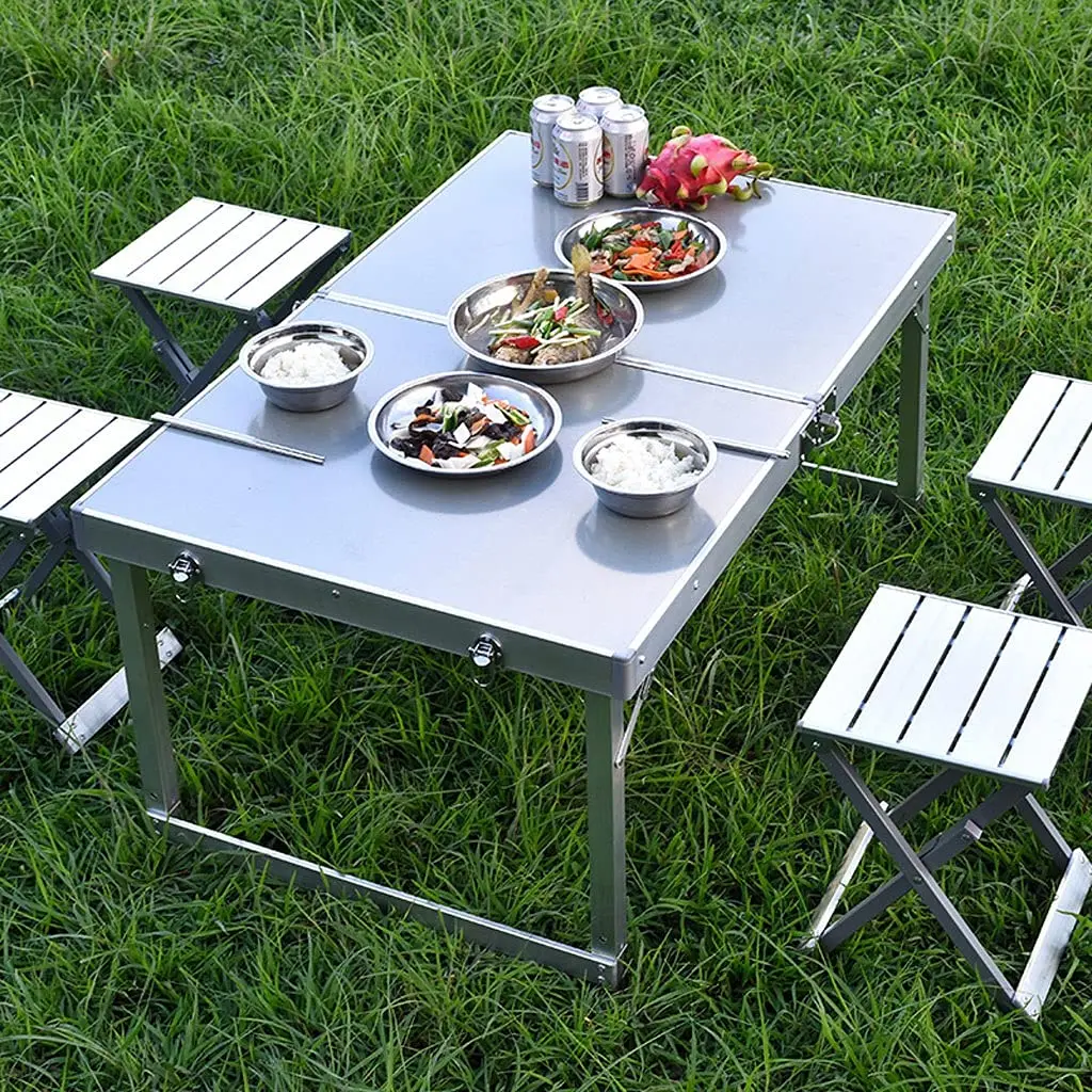 في الهواء الطلق طاولة قابلة للطي سبائك الألومنيوم متعددة الوظائف السرير طاولة الكمبيوتر المحمولة طاولة قابلة للتعديل مع 4 كراسي نزهة التخييم