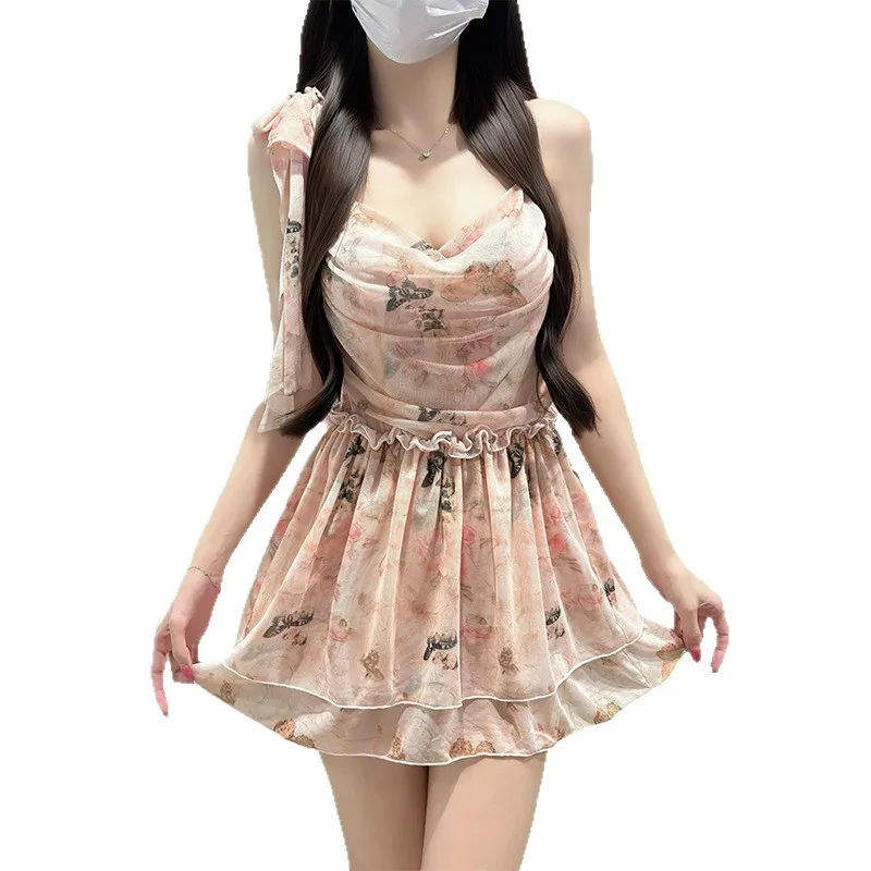 sexy Korean fashion floral print ruffles bow tie swimsuit two pieces with ruffles mini skirt bodysuits bikinis swimwear tankini