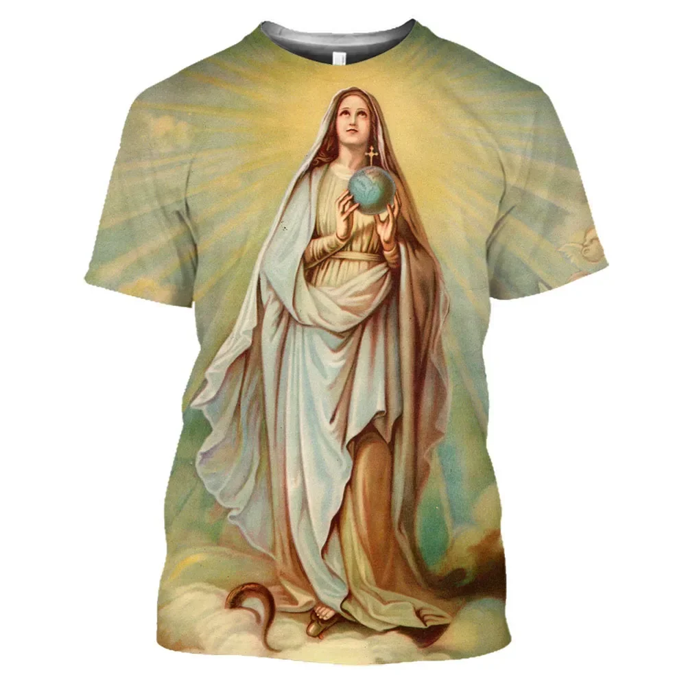 Summer Catholic Polyester O-collar loose short sleeve oversized Comfortable Top Men's 3d printed T-shirt Virgin Mary Guadalupe