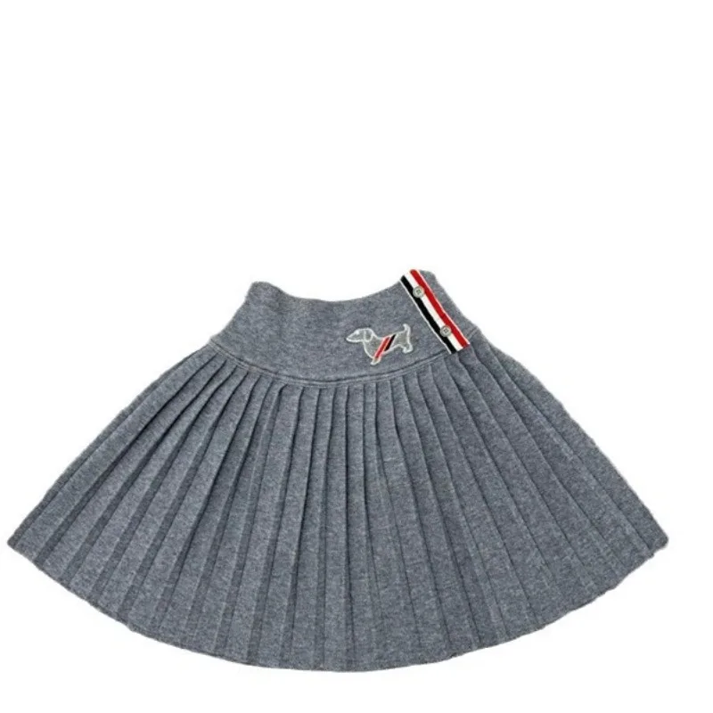 Small dog embroidery all season fashion versatile A-line pleated short skirt knitted three color ribbon large swing half skirt