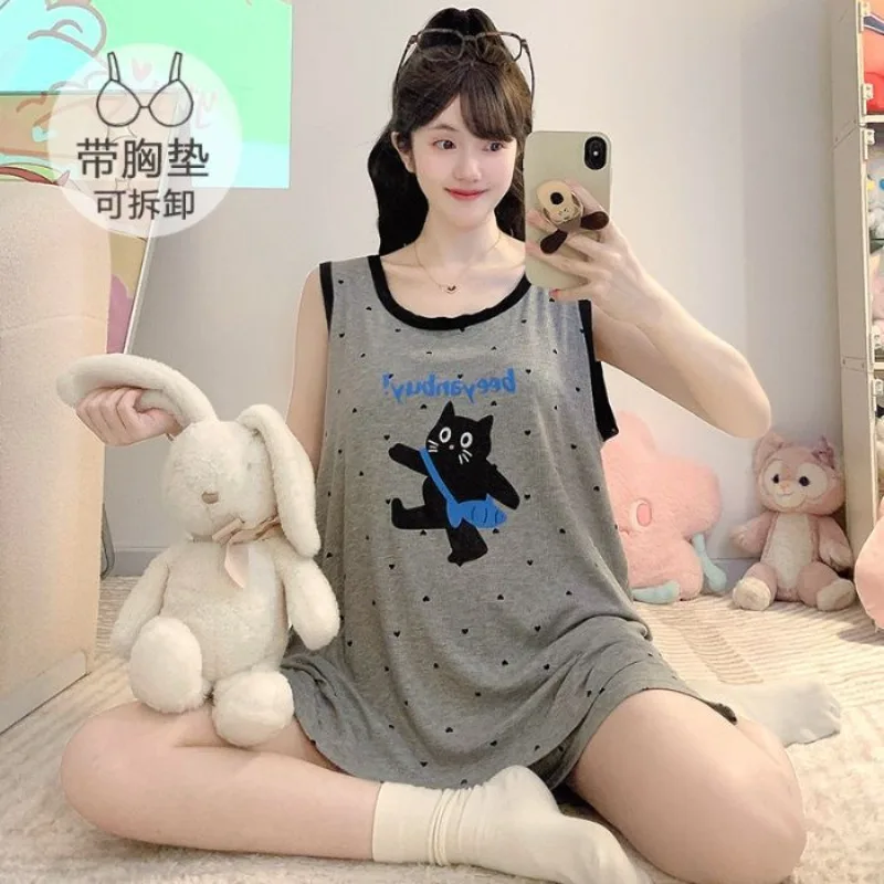 

Plus Size Women Cotton Pajamas with Chest Pads Summer Korean Sweet Cartoon Sleeveless Vest Shorts 2 Piece Set Loose Loungewear