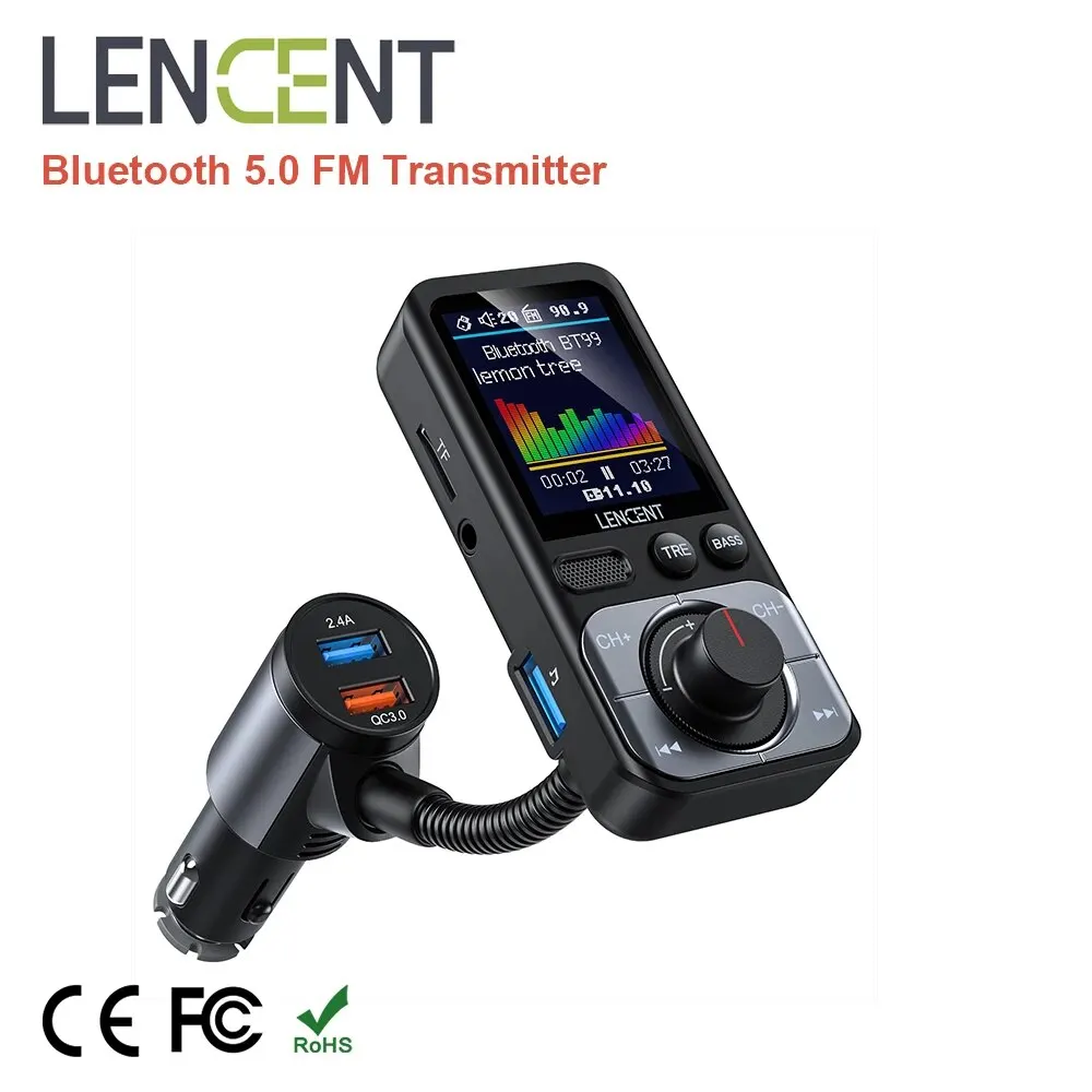 LENCENT Bluetooth 5.0 FM Transmitter Modulator with 2USB Ports QC3.0 Car Fast Charger MP3 Player Radio Transmitter Car Kit