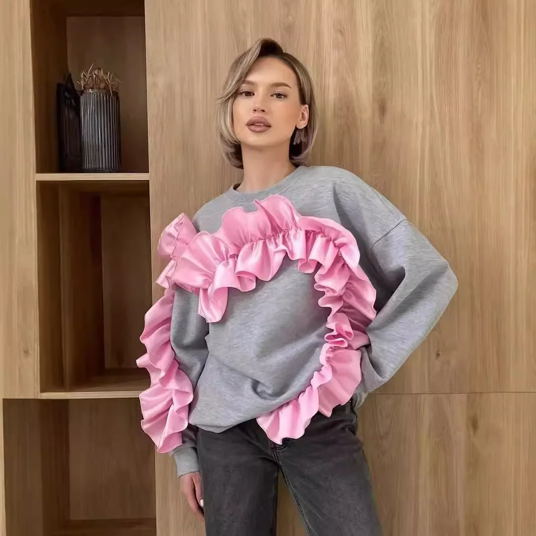 Nowa, uniwersalna, luźna bluza na jesień i zimę 2025 z trójwymiarowymi zdobieniami w stylu retro-chic, ciepła.
