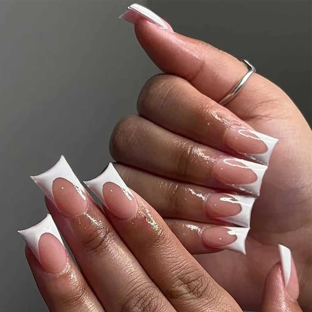 144 قطعة من أظافر البط بسيطة وكلاسيكية باللون الأبيض الفرنسي، قابلة للفصل وقابلة لإعادة الاستخدام على أظافر الأكريليك بما في ذلك مبرد أظافر واحد و