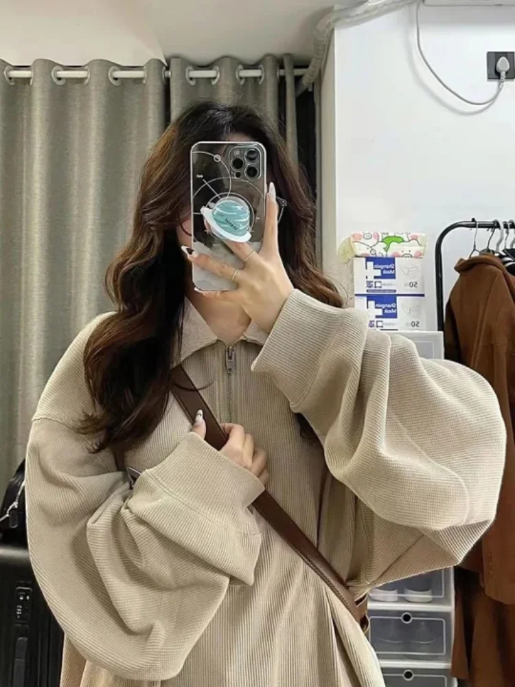 

Autumn and winter loose casual polo collar long sleeved women's top fashionable women's commuting wool waffle hoodie without hat