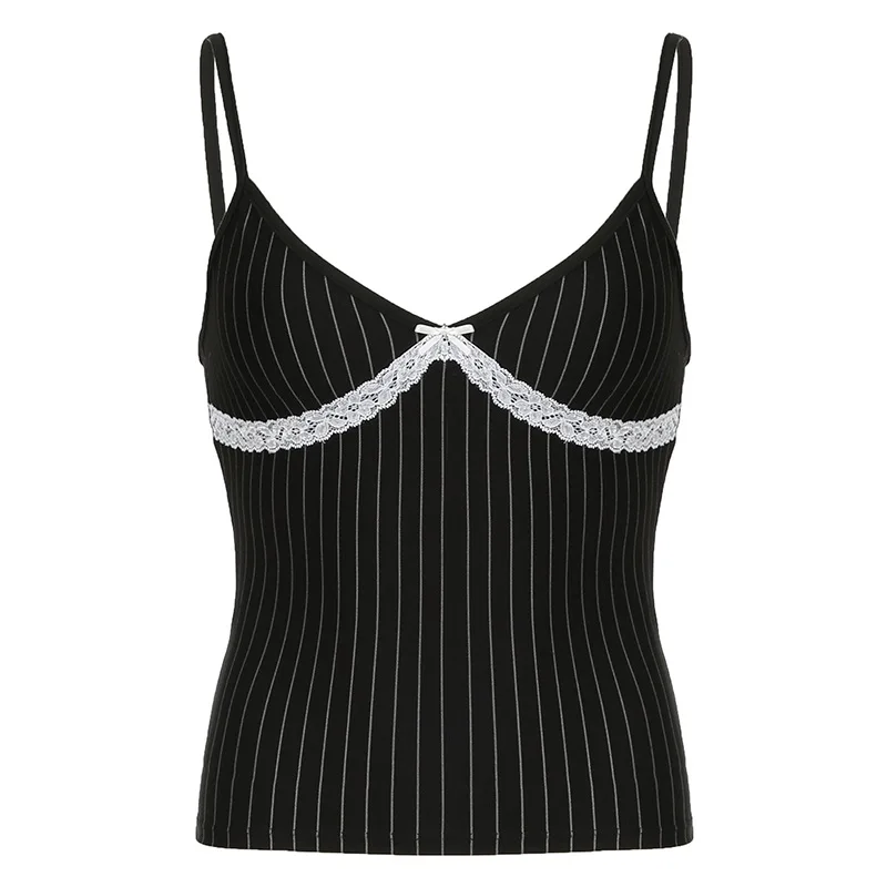 

2025 New European and American Style Personalized Black and White Striped Lace Splicing V-neck Strap Small Tank Top, Spicy Girl