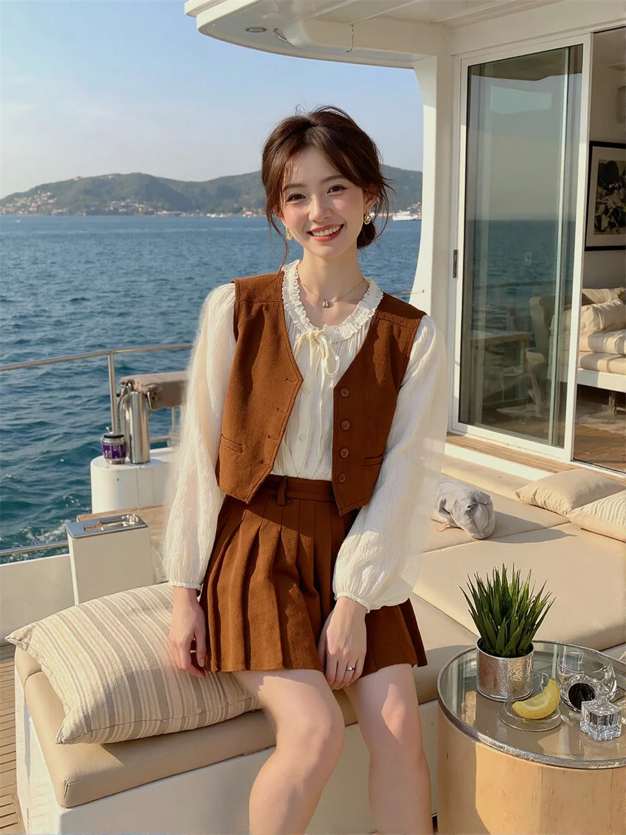 

Women'S Waistcoats Vests Woman Winter Korean Style Brown Multi-Pockets Autumn Thick Plaid Checkered Sleeveless Argyle British