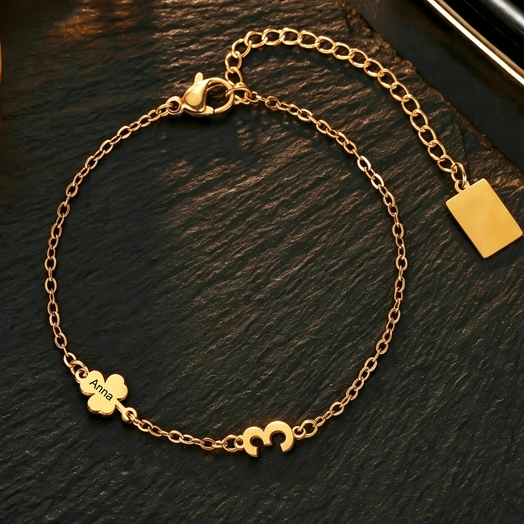Custom Name Date Clover Charms Bracelet DIY Personalized Lucky Number Women Bracelet Jewelry Mother's Day Gift Never Fade
