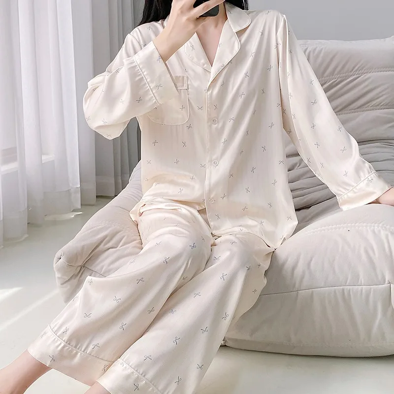 

New Women's Long Sleeve Pajama Set Ice Silk Lightweight Luxury Loungewear Spring Autumn Brick Mortar Stores XL Size Two Pieces