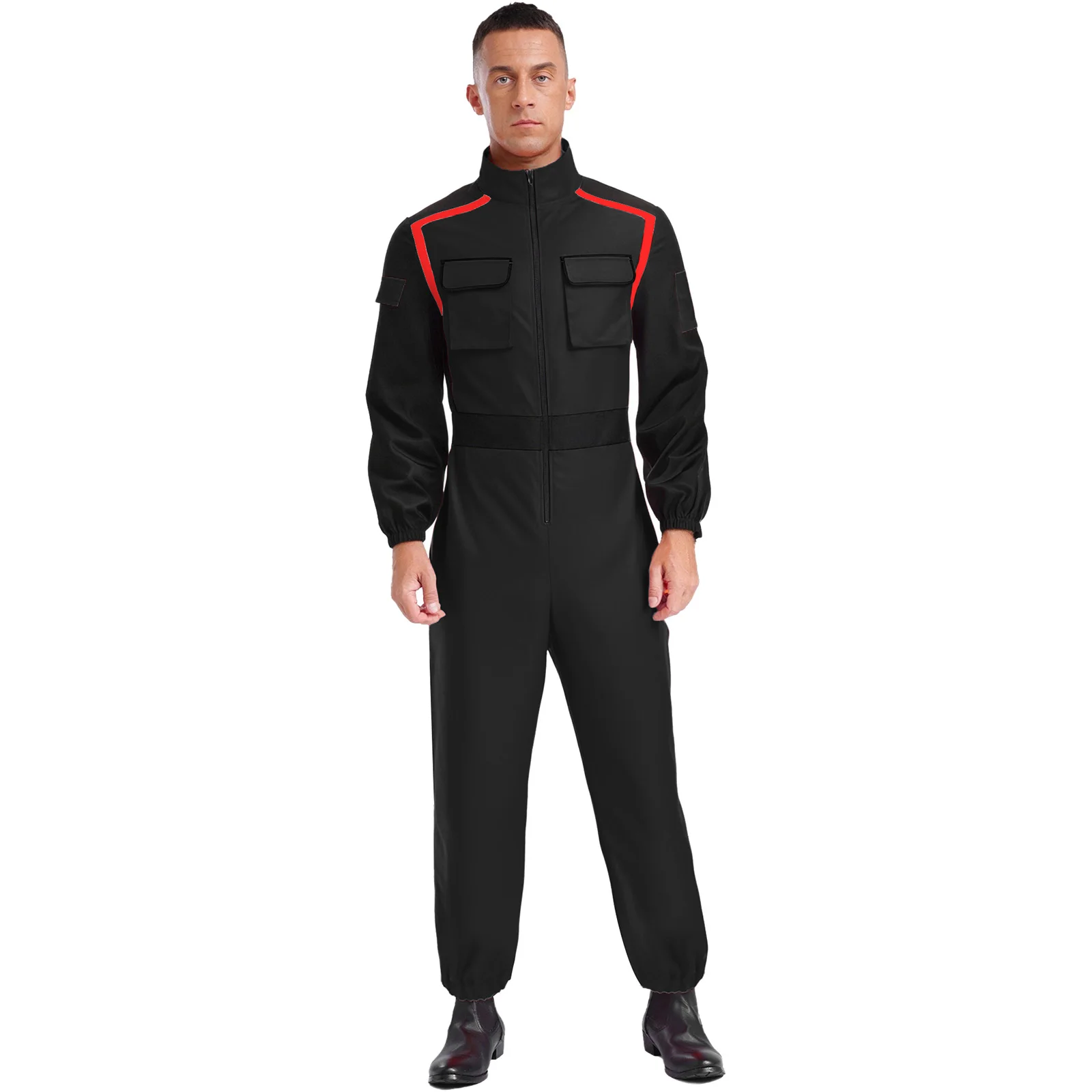 

Mens Racing Driver Fireman Cosplay Rompers Stand Collar Front Zip Long Sleeve Long Pants Pockets Jumpsuit for Halloween Party