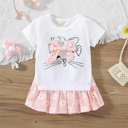 Summer Girls' Short Sleeve Dress Cartoon Bow Little Cat Embroidery Ruffle Edge Panel Casual Daily Wear