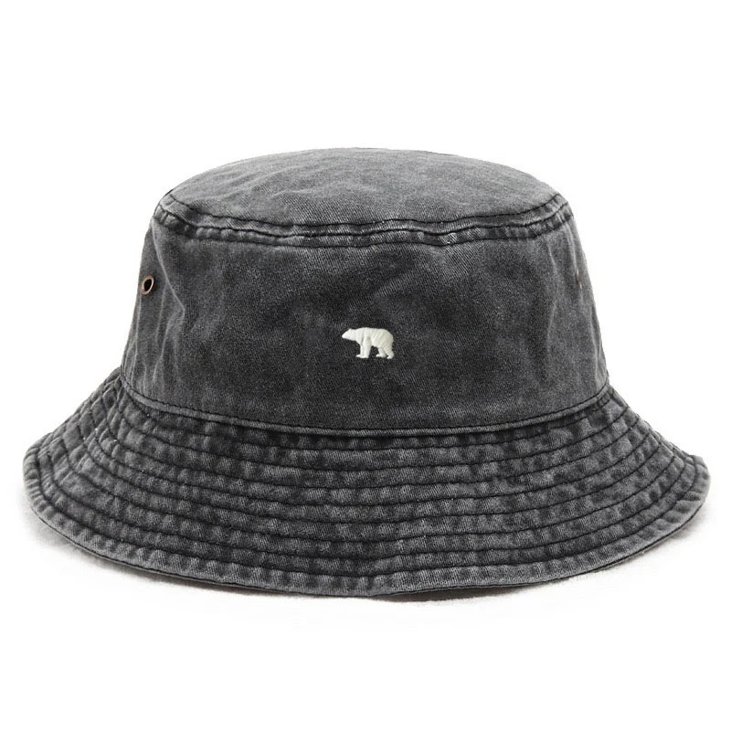 Customize Polar Bear Embroidery Washed Cotton Bucket Hat for Men Women Vintage Sun Protection Adjustable Outdoor Beach Sun Cap