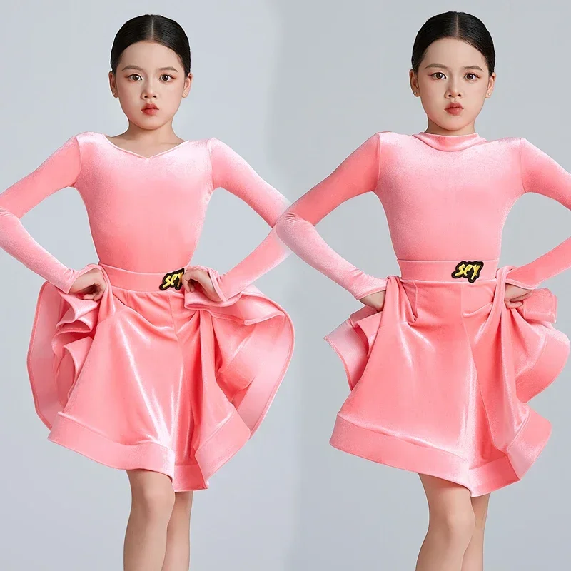 

Girls Latin Dance Professional Compeititon Dress Long Sleeces Velvet Dress Kids Cha Cha Dance Dress Practice Clothes DNV21636