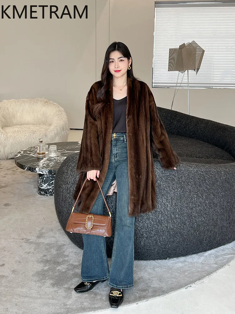 Jaqueta de Pele de Mink 100% Natural de Grau Veludo KMETRAM para Mulheres, Casaco de Pele Real com Decote em V, Roupas de Inverno Femininas 2026