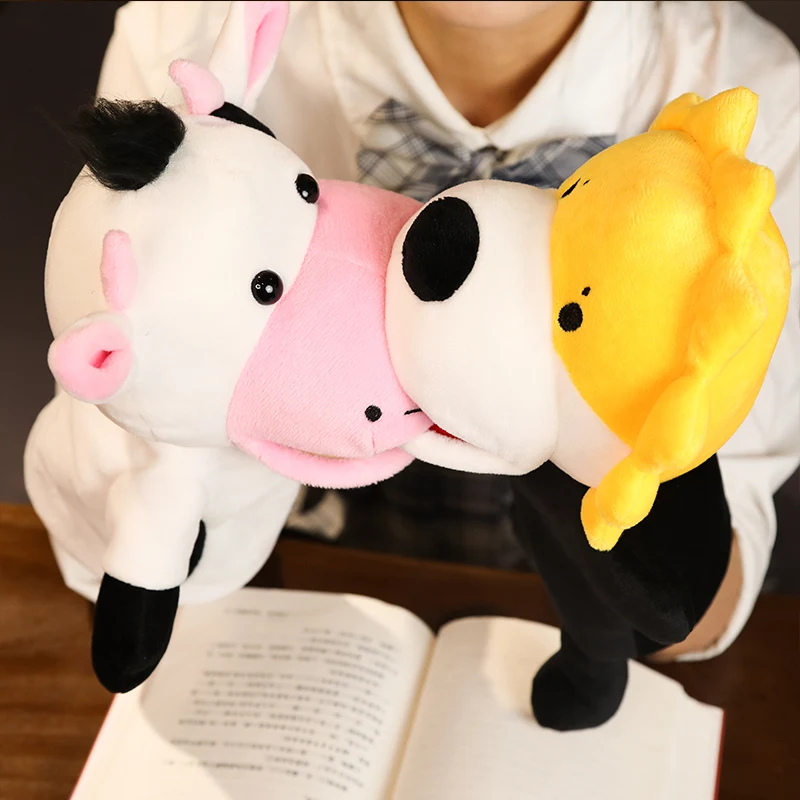 25cm Cute Cow Lion Family Plush Hand Puppet Role Play Educational Toys Stuffed Hand Puppet Children Storytelling Props
