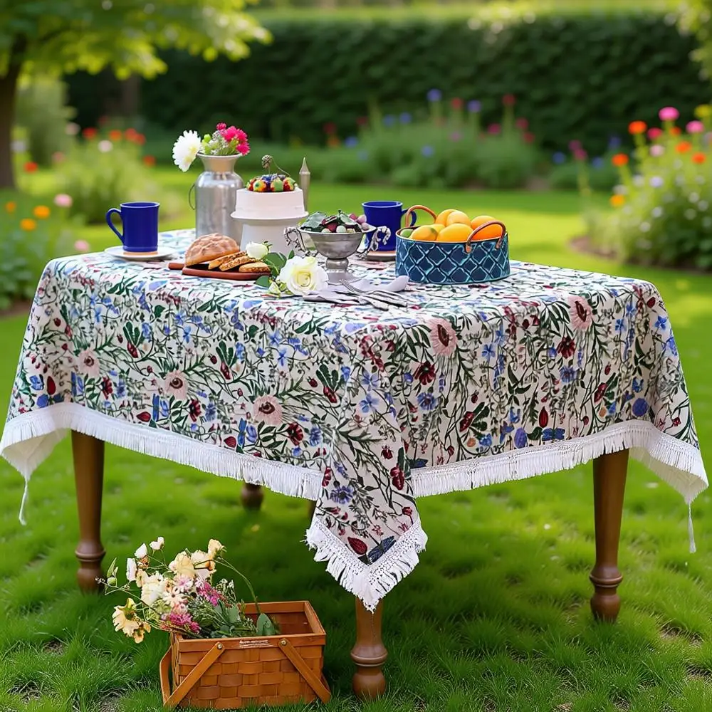 

Vintage Berry Garden Cotton Tablecloth with Lace, 60x104