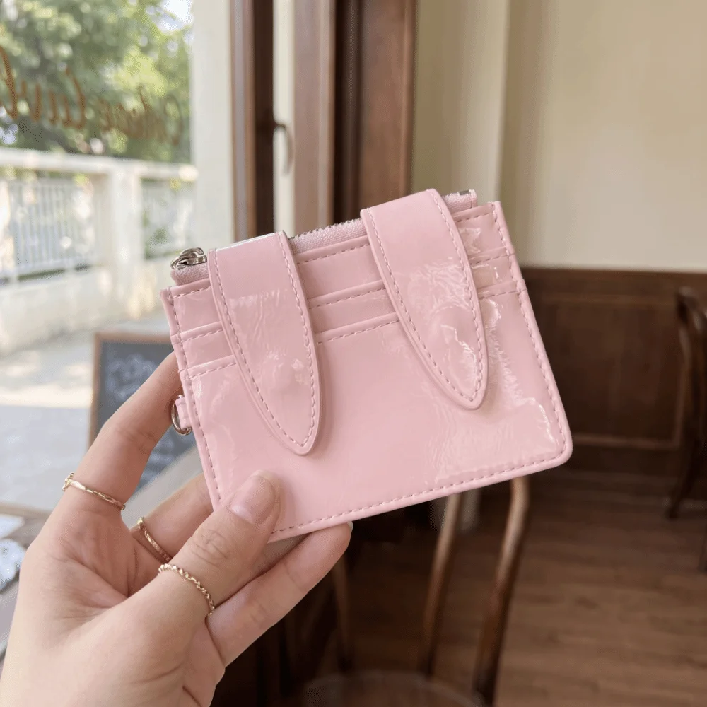 Shiny PU Leather Bunny Ear Card Holder Snap Button Multi Slots Card Wallet Multi-functional Polyester Lining Coin Purse Commute