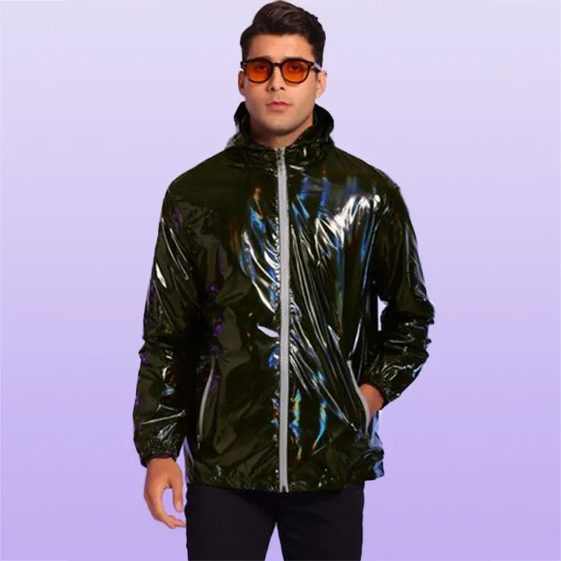 Men's Faux Latex Hoodie Jacket Coat Dazzling Black Glossy Patent Leather PVC Coat Wetlook Male Casual Overcoat Full Zip Custom