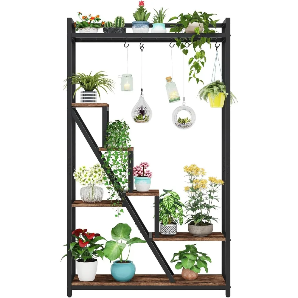 

70.9" Indoor Plant Stand， 7-Tier Tall Large Plant Shelf with 5 Hooks, Industrial Wood Flower Stand Display Rack for Patio, Balc