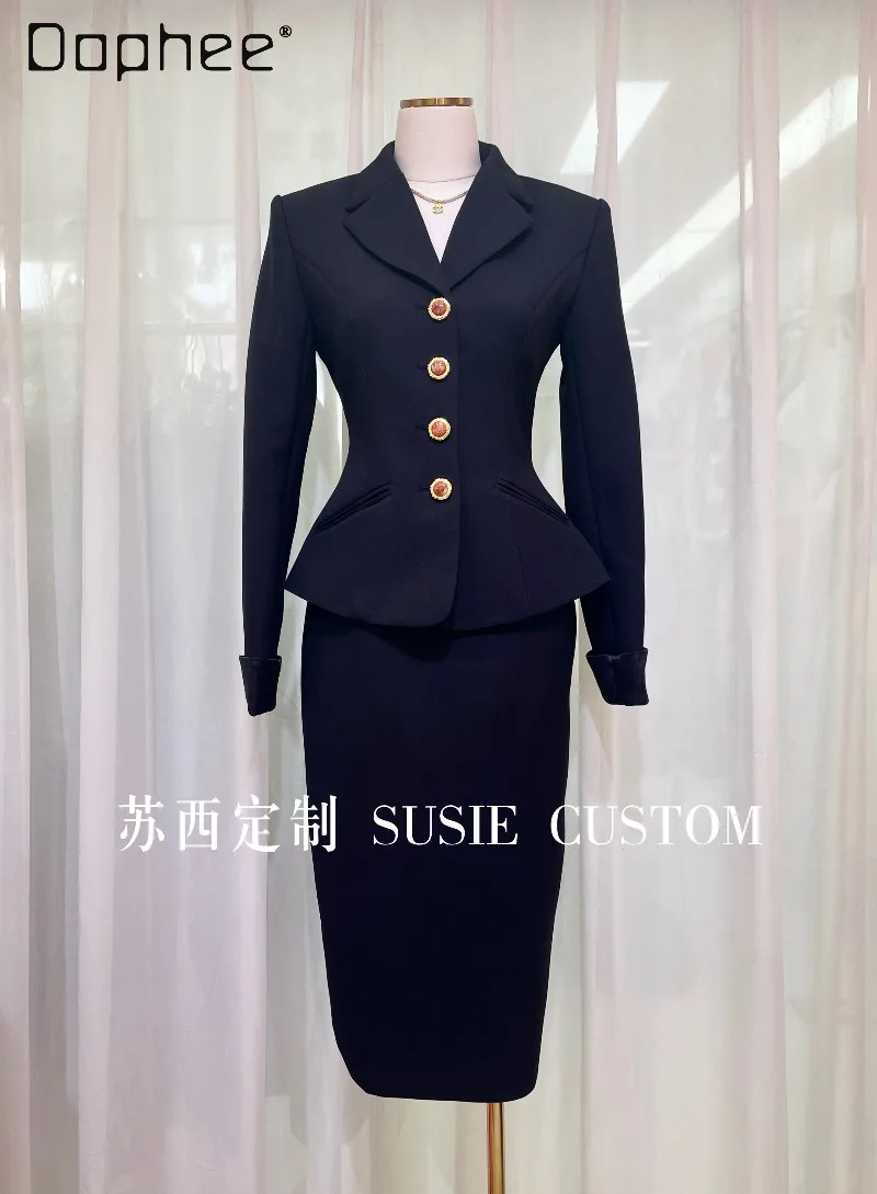 

High-class Temperament Workplace Suit Outfits Single-breasted Slim Long-sleeved Top High-waist Mid-length Skirt Two-piece Set