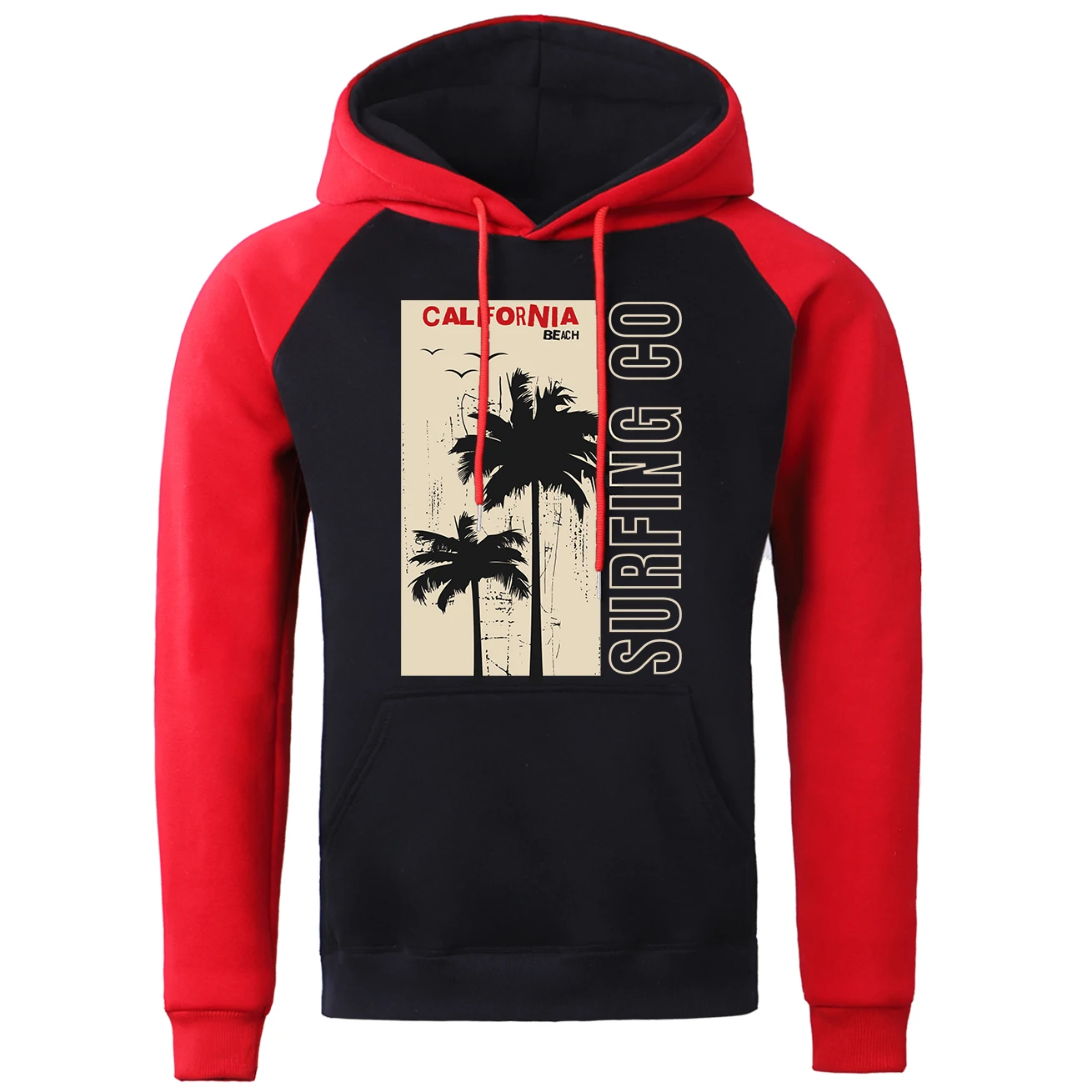 California Beach Surfing Print Raglan Hoodies Men'S Fleece Warm Hoody Autumn Long Sleeve Hoodie Casual Fashion Versatile Clothes