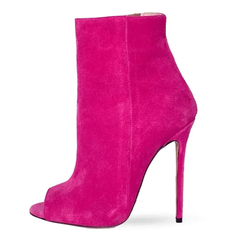 

Fuchsia Velvet Stiletto Heel Ankle Boots Open Toe Slipn On Stretch Fabric Short Booties Modern Women Banquet Footwears Green Red