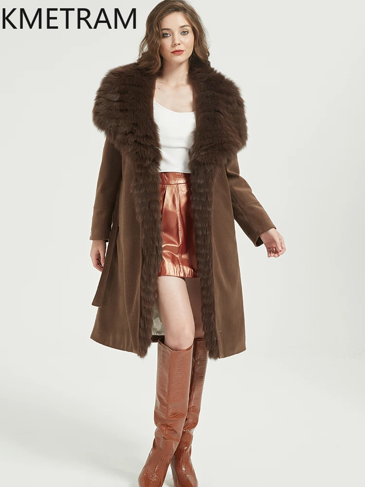 KMETRAM chaqueta acolchada de plumas de ganso blanco para mujer, abrigos largos marrones con cuello de piel de zorro, prendas de vestir exteriores, ropa de invierno, 2025 vestes para mujer