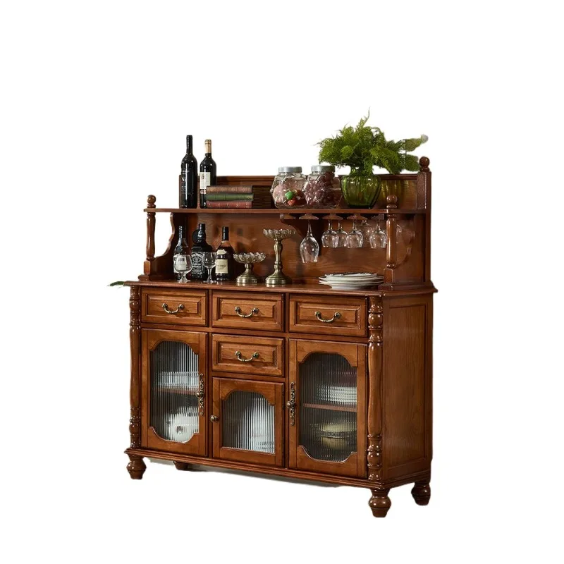 

American solid wood dining side cabinet is integrated against the wall, kitchen locker European retro living room wall storage