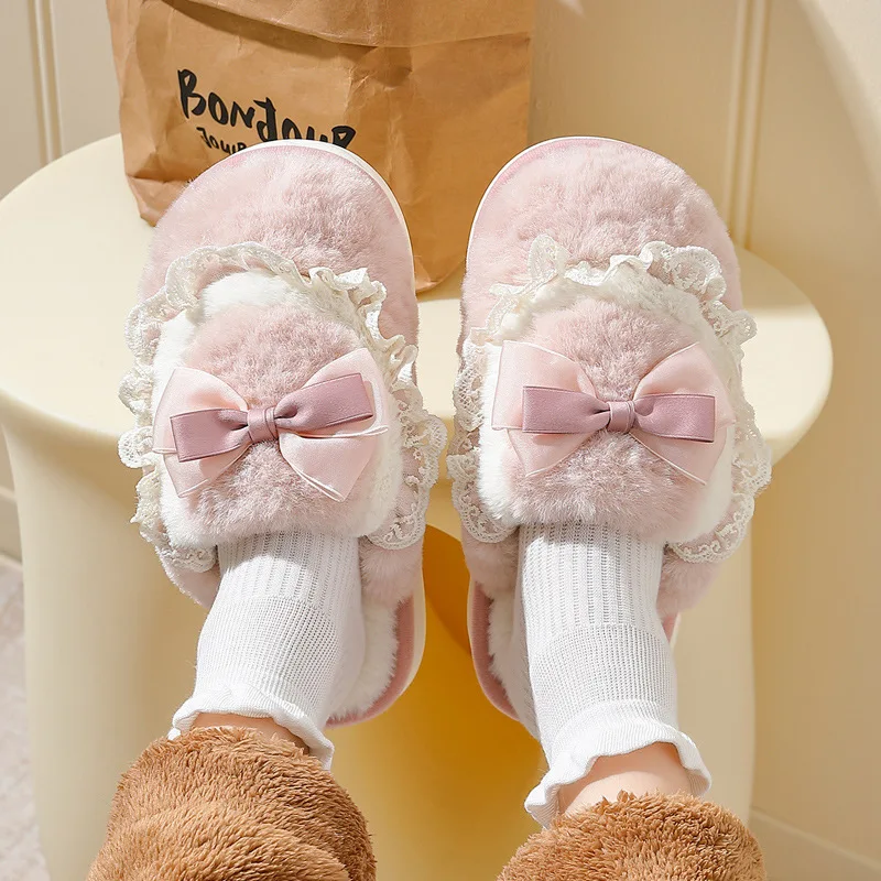 Winter Soft Cotton Slippers Women men Home Warm New Cute Bow Plush Slippers Fluffy Soft Sole Slippers Ladies