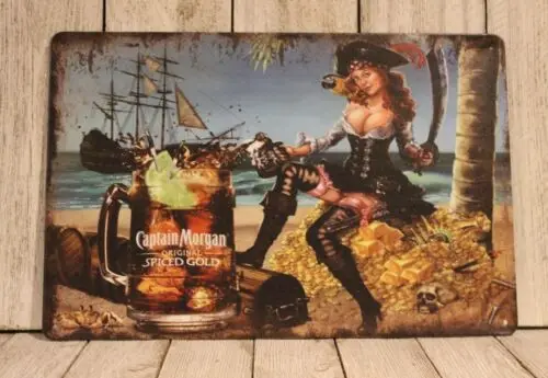 Captain Tin Metal Sign Sexy Pinup Girl Pirate Spiced Rum Vintage Look Bar